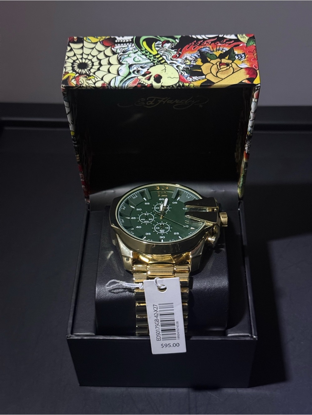 Ed Hardy Gold-Tone Men's Watch with Green Dial